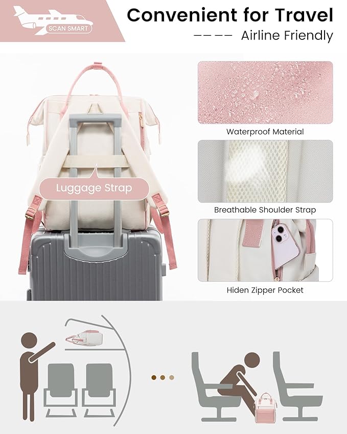 LOVEVOOK Laptop Backpack for Women, 17 Inch Work Teacher Nurse Bag, Large Capacity Business Computer Backpack Purse with USB Port, Stylish Casual Daypack for Travel,Beige&Pink