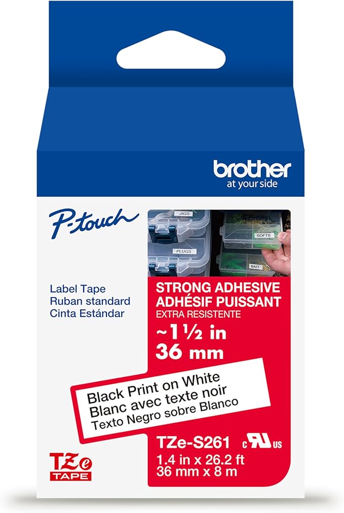 Brother Genuine P-Touch TZE-261 Tape, ~1 1/2" (36 mm) Standard Laminated P-Touch Tape, Black on White, for Indoor or Outdoor Use, Water-Resistant, 26.2 ft (8 m), Single-Pack
