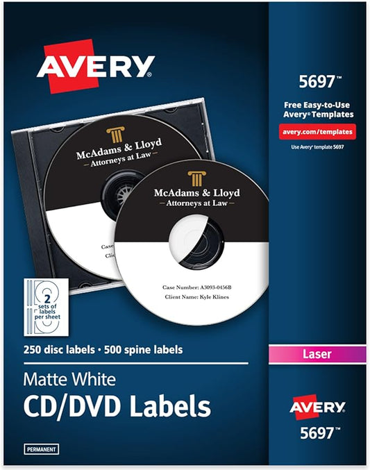 Avery Printable CD Labels, Matte White, Permanent Adhesive, Laser Printer Compatible, 250 Disc & 500 Spine Labels, Ideal for DVDs, PC Discs, Media Projects & More (5697)