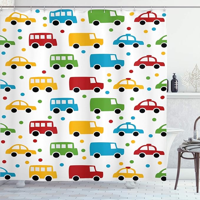 Ambesonne Cars Shower Curtain, Vivid Colored Silhouettes of Transportation Vehicles Bus Taxi Automobile Pattern, Cloth Fabric Bathroom Decor Set with Hooks, 69" W x 84" L, Orange Green Blue
