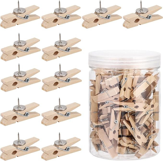 100Pcs Push Pin with Wooden Clips Tacks for Cork Board Artwork for Bulletin Board Crafts Arts Projects Photo Supplies(Wood Color)