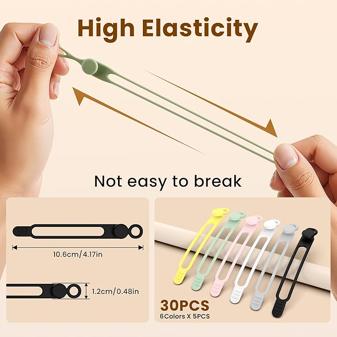 30Pcs Silicone Cable Ties,Reusable Data Cable Organizer for Office, Multipurpose Elastic Cord Management Ties for Bundling and Fastening Cable Cords Wires