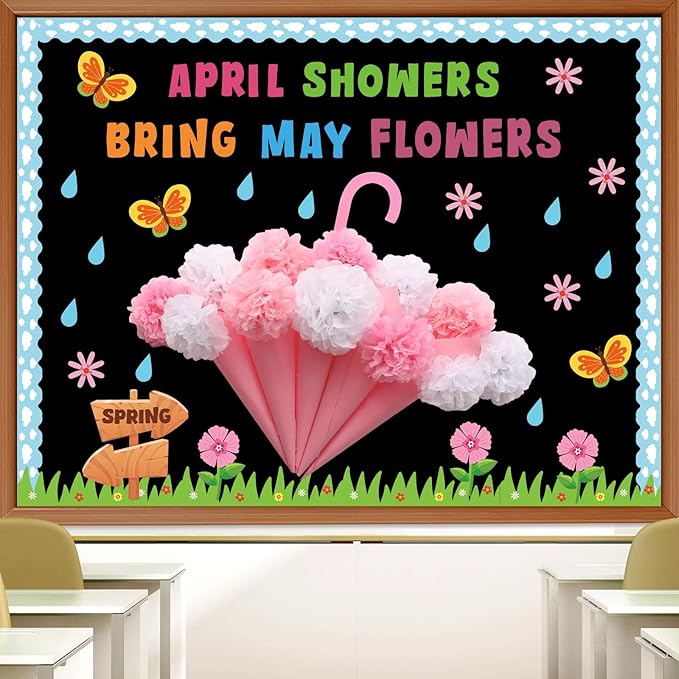 April Showers Bring May Flowers Bulletin Board with 3D Tissue Paper Pompoms Summer Floral Classroom Decoration Umbrella Clouds Flower Cutouts for Window Home Class School Nursery Supplies