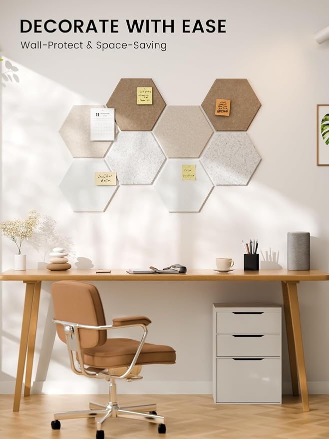Fluxynara Hexagon Cork Board Alternative for Walls Decor-8-Pack Felt Bulletin Board Tiles,with 30 Pushpins,50 Adhesive Tabs for Office,Classrooms & Home Pin Board Felt Board-Stone Beige