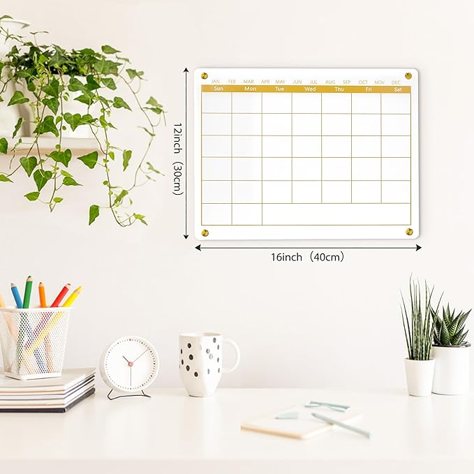 Acrylic Calendar Dry Erase Board for Wall,15.7''x11.8'', Golden Monthly Calendar Whiteboard for Home,Office, School