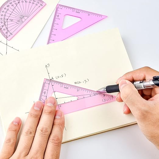 Coopay 6 Inch Math Geometry Tool Plastic Ruler Square Set Includes Straight Ruler, Triangles, Protractor for Student School Office Supplies (Pinkish-Purple)