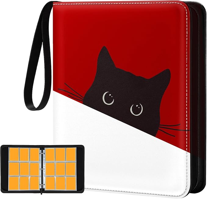 for 9 Pocket Trading Card Binder for 900 Cards - Cute Large Capacity Card Collection Album Folder with Zipper for Women Girls Teens Red Cat Design for Sports, TCG, Game Cards