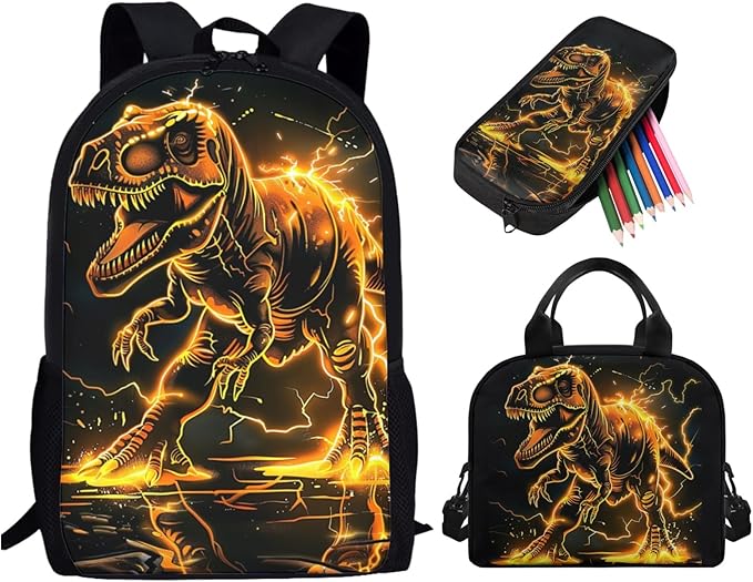 3D Dinosaur Kids Girls School Backpack Set Gold, Lightweight Book Bag for Boys Girls, Kids Backpack for Elementary Middle High School, Back to School Supplies