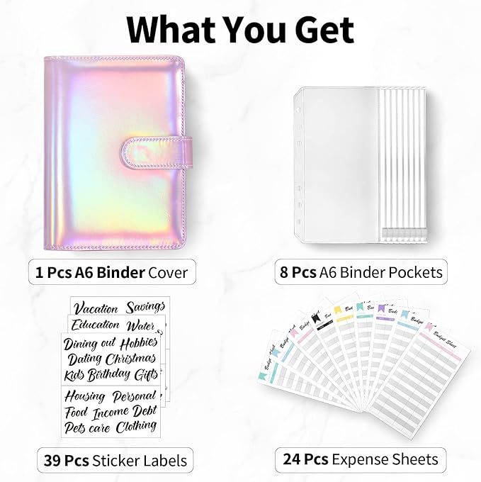 Sooez Laser Pink Money Organizer for Cash, A6 Budget Binder with Cash Envelopes, 39 Black Bold Sticky Labels & 24 Colorful Budget Sheets, Money Saving Binder for Budgeting