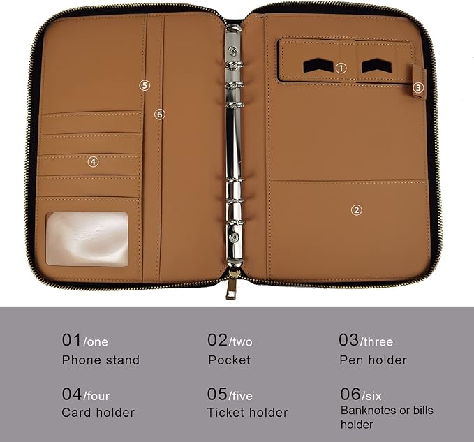 A5 Binder Case PU Leather Portfolio Budget Binder Refillable Notebook Planner Cover with Zipper 6 Rings Money Document Organizer for Business Interview (Greyblue)
