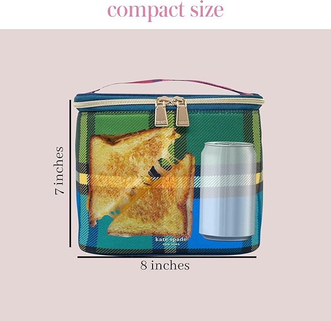 kate spade new york Insulated Lunch Tote, Small Lunch Cooler, Cute Lunch Bag for Women, Thermal Bag with Double Zipper Close and Carrying Handle, Grand Plaid Duo