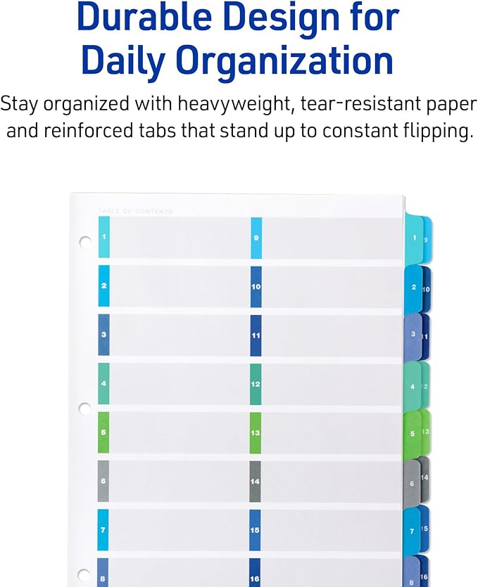 Avery Double Column Dividers for 3 Ring Binders, 16 Tabs per Set, Customizable Table of Contents, Multicolor Tabs, Great for Organizing Reports, Projects, and More (11320)