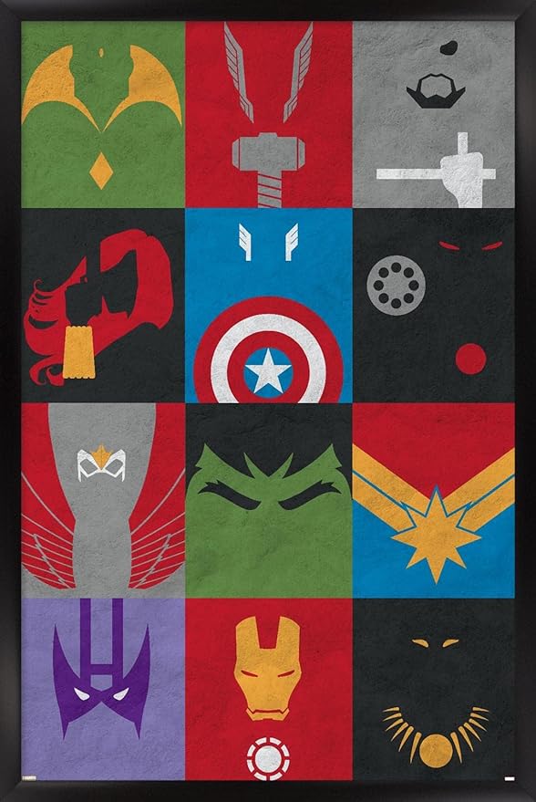 24X36 Marvel Comics Avengers - Minimalist Grid Wall Poster, 36L" x 24W", Black Framed Version