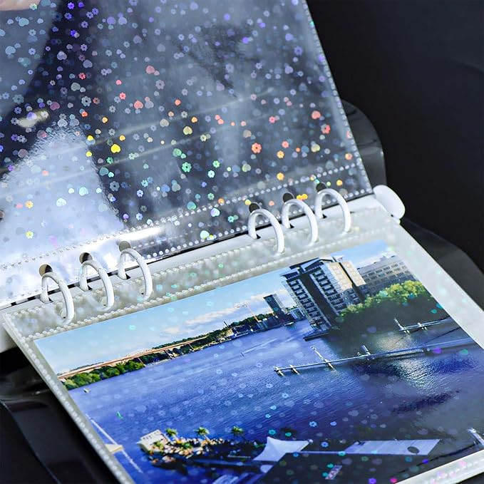 A5 Photocard Sleeves 20pcs Flower Flashing Clear Sheet Protectors 5.2'' x 7.5'' 1 Pocket Picture Card Insets PP Photo Album Refill Pages for 6 Ring Binder (Flower Flashing, A5-1Pocket)