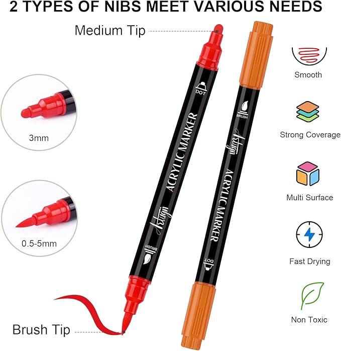 36 Colors Acrylic Paint Pens, Dual Tip Pens With Dot Brush Tip, Paint Markers for Rock Painting, Ceramic, Wood, Plastic, Calligraphy, Scrapbooking, Card Making, DIY Crafts-Valentines Day Gifts