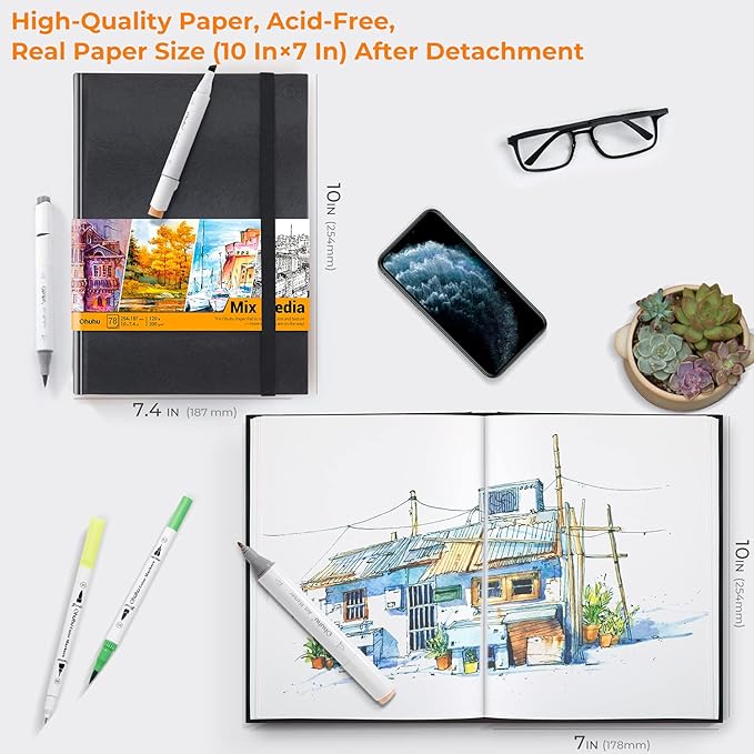 Ohuhu Mix Media Pad - 10"x7.4" Mixed Media Art Sketchbook, 120 lb/200 gsm Heavyweight Papers, 78 Sheets/156 Pages, PU Hardcover Mixed Media Paper Pad for Acrylic Painting Christmas Gift