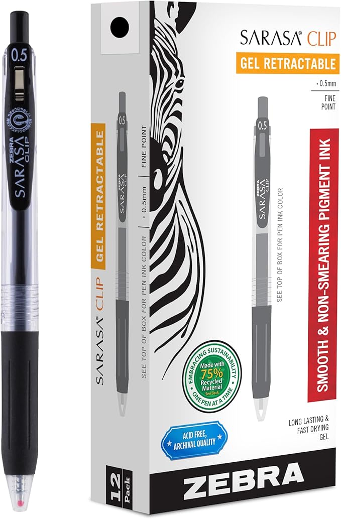 Zebra Pen Sarasa Clip Recycled Retractable Gel Pen, 0.5mm Fine Point, Black Ink, Water-Based, Ideal for Office and School, Journal, Note Taking and Planner Use, 75% Recycled, 12-Pack (47310)