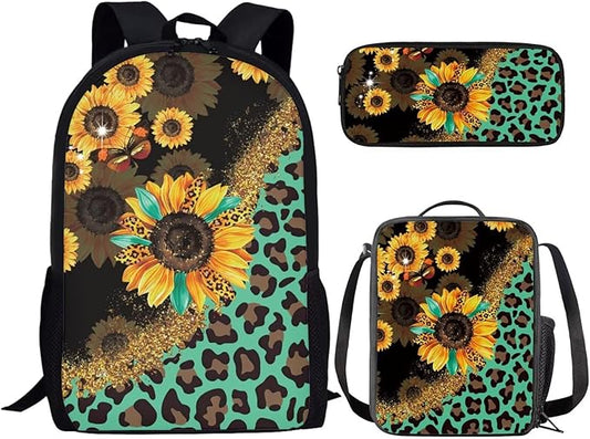 CLOHOMIN Sunflowers Backpack with Lunch Bag Leopard Print Children Book Bag Set of 3 Girls Boys Pencil Case Leakproof Lunch Box for Kids Elementary School Bags and Cooler Bags