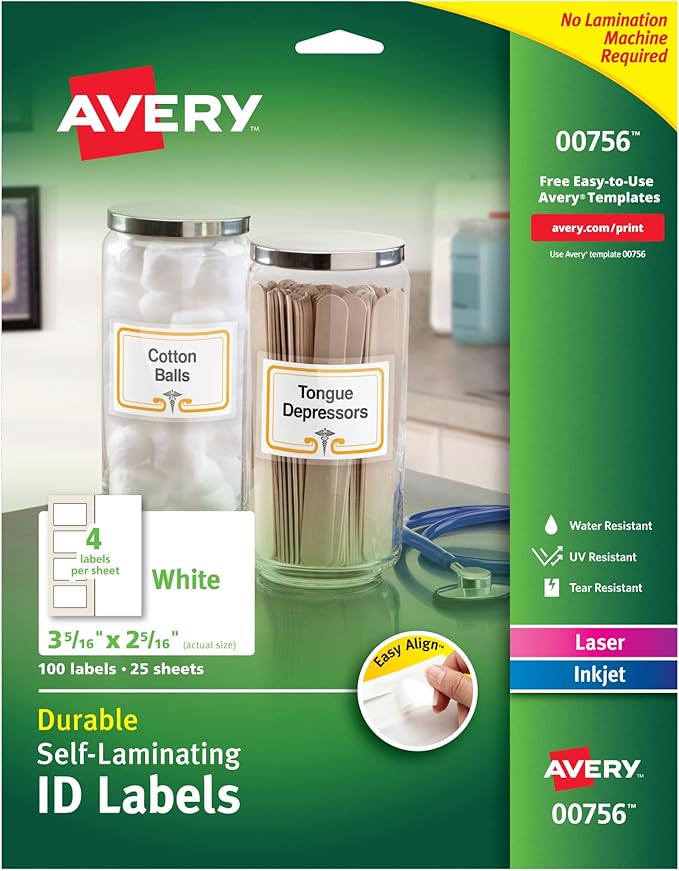 Avery 00756 Easy Align Self-Laminating ID Labels, Laser/Inkjet, 2 15/16 x 3 5/16, White (Pack of 100)
