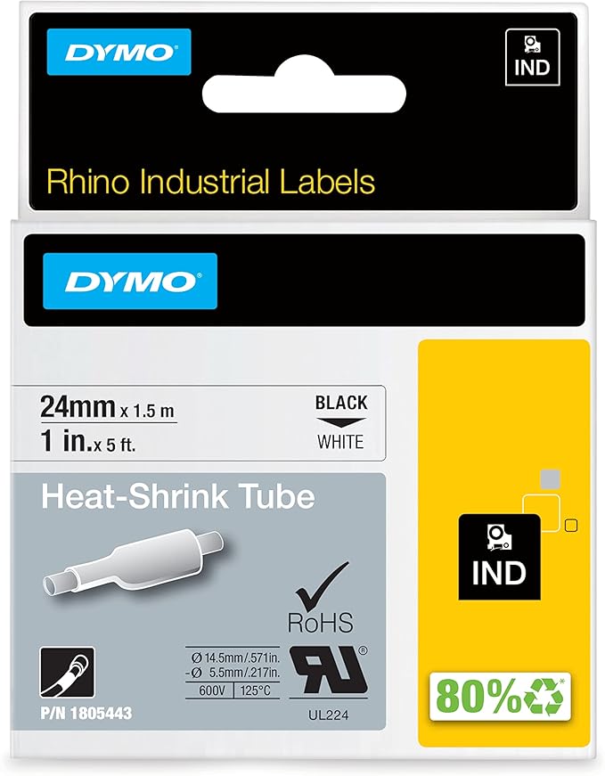 DYMO Rhino Industrial Heat-Shrink Labels 1" Tube Black Print on White