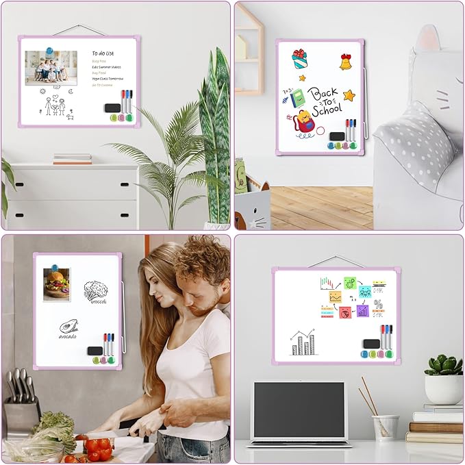 MaxGear Double-Sided Dry Erase Board for Wall, 16"x12" Hanging Whiteboard, Small Dry Erase White Board kit, Portable Whiteboard for Planning, Drawing, Memo, to Do List, Purple Frame