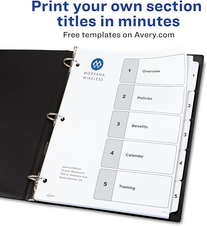 Avery Dividers for 3 Ring Binders, 5 Tabs per Set, Customizable Table of Contents, Classic White Tabs, Great for Organizing Reports, Projects, and More (6 Sets of 11821)