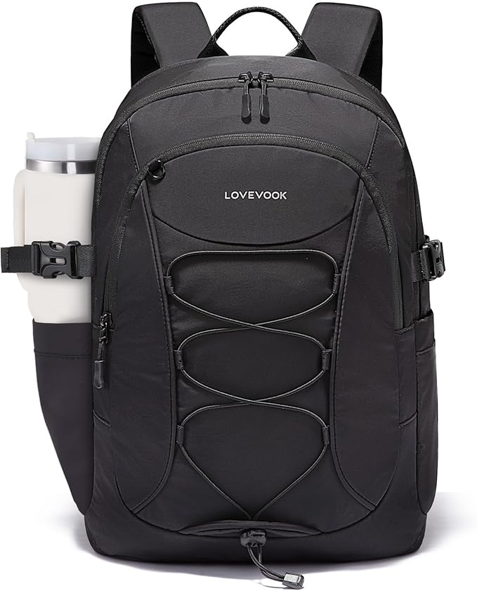 LOVEVOOK Mens Backpack with Giant Tumbler Holder Pocket,18 Inch Everyday Laptop Backpack Commuter Travel Work Computer Bag for Women,Waterproof Hiking College Teacher Back Pack Casual Daypack,Black