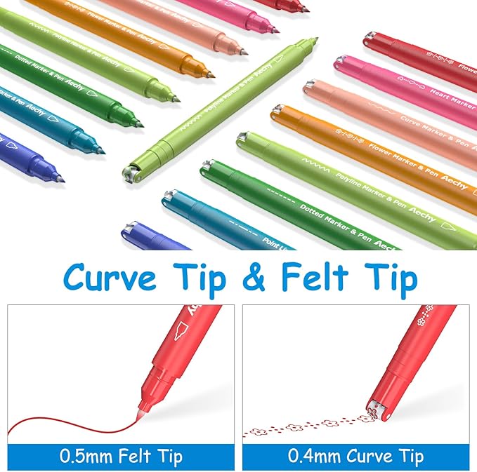 AECHY Curve highlighter pens for Note Taking, Dual Tip Pens with 6 Different Curve Shapes & 8 Colors Fine Lines, Colored Curve Flair Pen Set for Kids Journaling Scrapbook Note Taking Supplies(Rainbow)