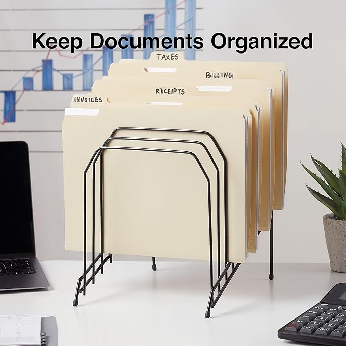STAPLES Metal Incline Desktop File Organizer, 8‑Compartment, Black – Staggered Desk File Sorter with Skid‑Resistant Base