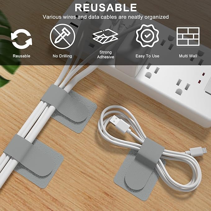 20-Pack Large Reusable Self-Adhesive Cable Ties cable management Adjustable Hook & Loop Straps for Organizing Data Cables, Wires, Headphones Under-Table Cord Management for Home, Office
