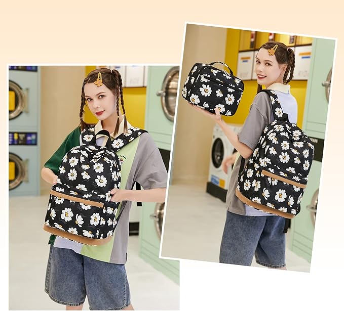 Girls Backpack with Lunch Box for Middle Elementary School,17 inch Kids School Backpack with Lunch Bag Set Black Daisy Lightweight