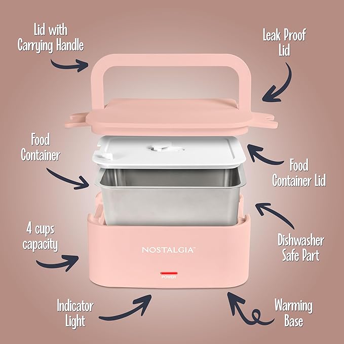 Nostalgia Portable Heated Lunch Box – 4-Cup Stainless Steel Food Warmer – Detachable Cord, Leak-Proof Lid, Carry Handle – Portable for Work & Travel – Cherry Blossom