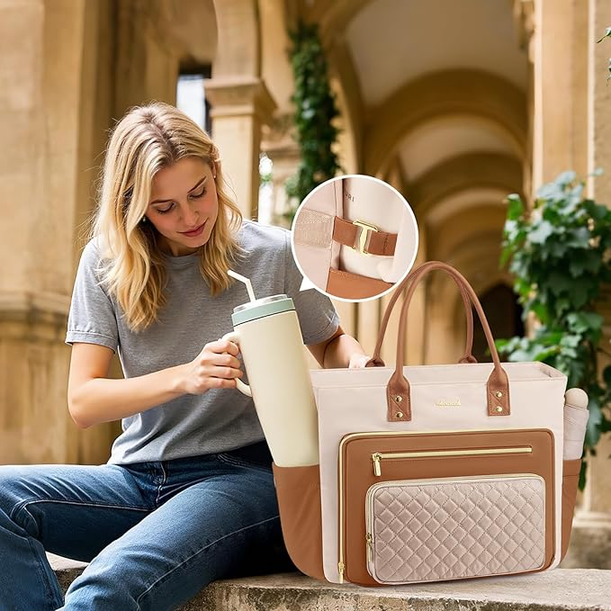 LOVEVOOK Laptop Tote Bag for Women, Teacher Nurse Work Bags with Laptop Compartment, Laptop Bag With Large Cup Holder, Professional Briefcase Business Large Purses Handbag, Dark Apricot-brown 17 Inch