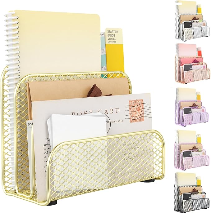 gianotter Mail Organizer Countertop, Metal File Holder with 3-Slot, Gold Desk Accessories for Office (Gold)