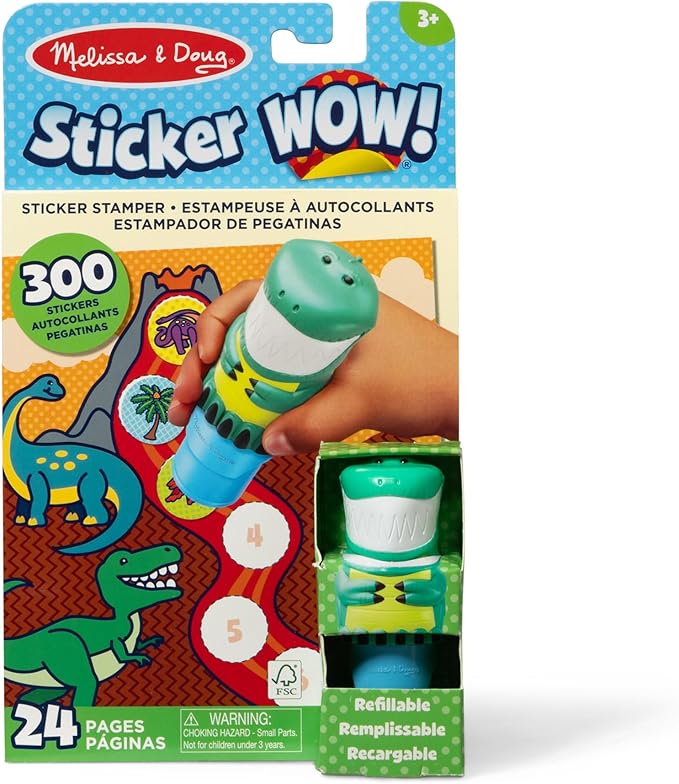 Melissa & Doug Sticker Wow!™ 24-Page Activity Pad and Sticker Stamper, 300 Stickers, Arts and Crafts Fidget Toy Collectible Character – Dinosaur Creative Play Travel Toy for Girls and Boys 3+,