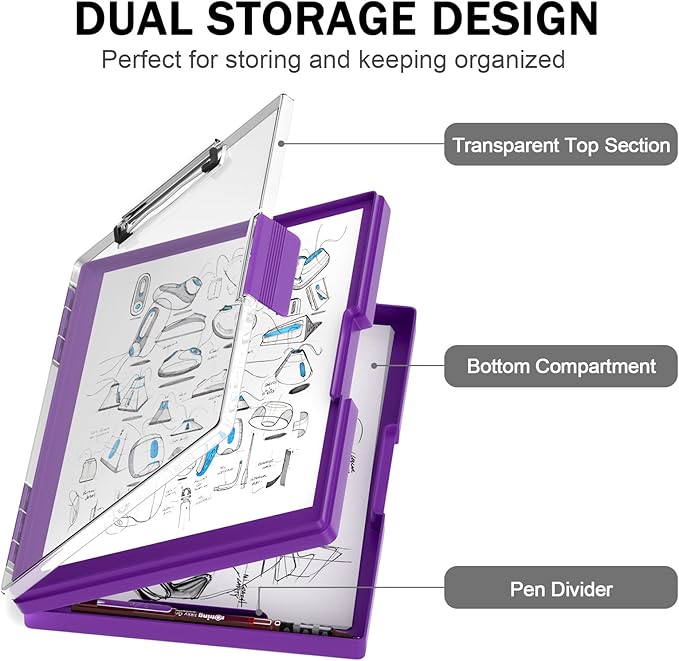 Rimilak Plastic Clipboard with Storage, Side Opening with 2 Compartment, Size 13.3 x 9.4 x 1.5 Heavy Duty High Capacity Nursing Box for Work School & Office Supplies, Dark Purple