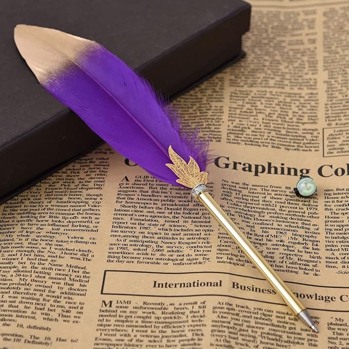 Quill Pen Vintage Feather Calligraphy Pen Refined Quill Ballpoint for Writing Signature or Gift Wedding Bridal (Purple)