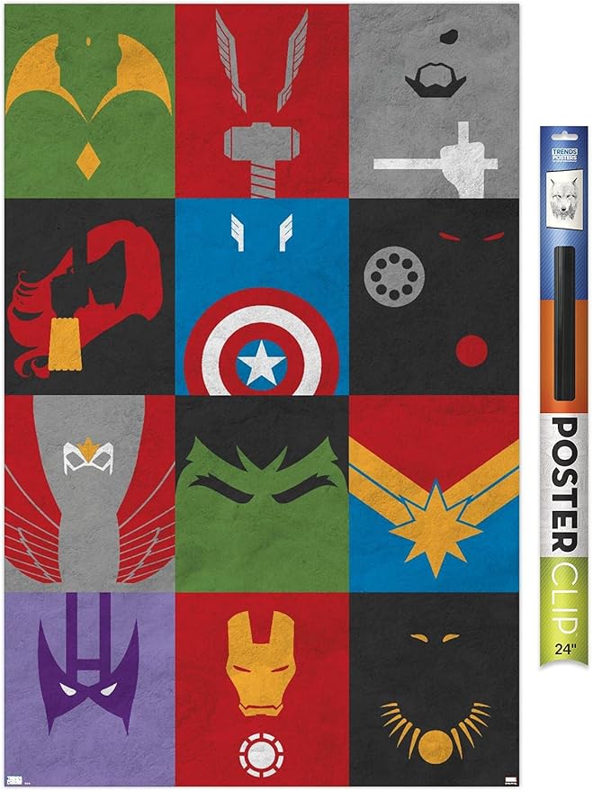 Trends International Marvel Comics - Avengers - Minimalist Grid Wall Poster, 22.375" x 34", Poster & Clip Bundle