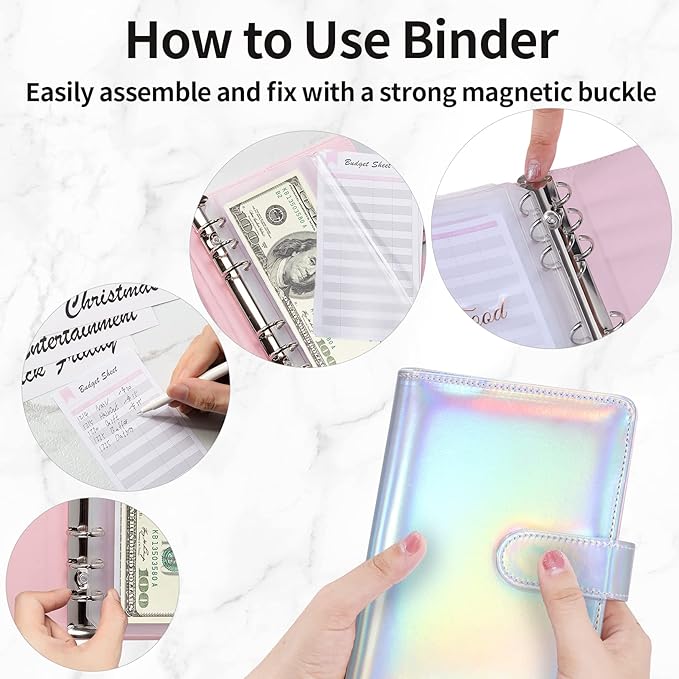 Sooez Laser Pink Money Organizer for Cash, A6 Budget Binder with Cash Envelopes, 39 Black Bold Sticky Labels & 24 Colorful Budget Sheets, Money Saving Binder for Budgeting