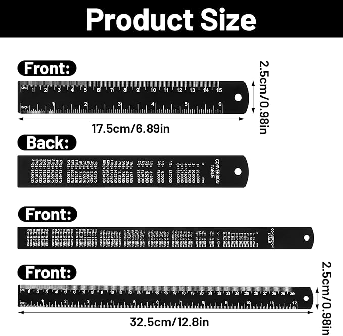 2 Pack Metal Ruler Set Dual Scale Metric Imperial Straight Edge Rule Edge-to-Edge Measuring Black Ruler with Centimeters Millimeters Inches for Home Office Drafting Geometry Crafting Drawing