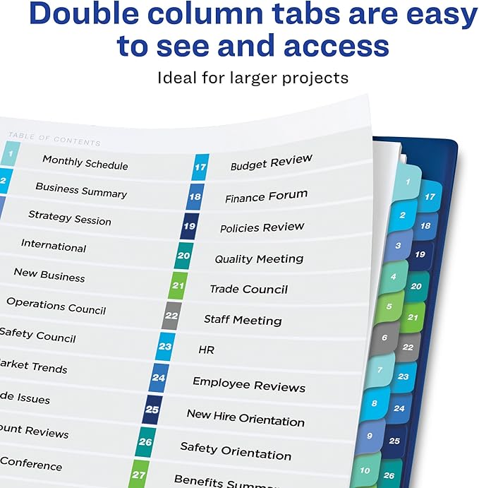 Avery Double Column Dividers for 3 Ring Binders, 32 Tabs per Set, Customizable Table of Contents, Multicolor Tabs, Great for Organizing Reports, Projects, and More (11322)