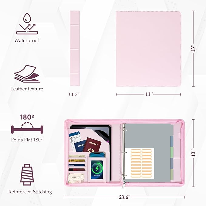EYROZILL Zippered Leather 3 Ring Binder Organizer with Pockets – Business Portfolio Folder with Card Slots, Phone Holder, Pen Loop (Pink)