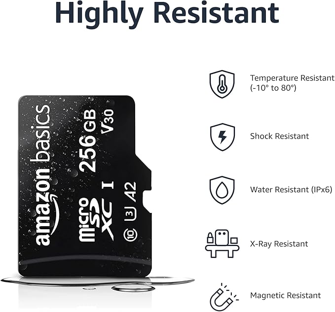 Amazon Basics Micro SDXC Memory Card with Full Size Adapter for Smartphones, Tablets, Action Cameras, Full HD, A2, U3, Read Speed up to 100 MB/s, 256 GB, Black