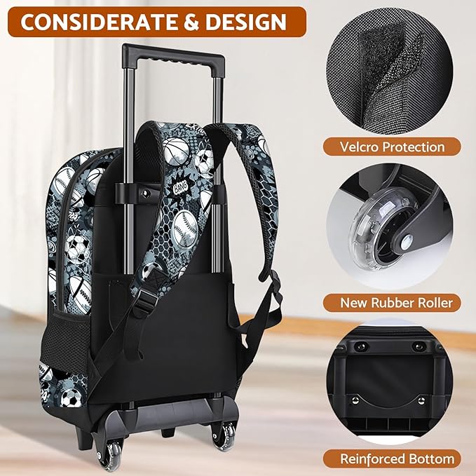 Boys Rolling Backpack for Kids - Basketball Kids Rolling Backpack with Wheels for Elementary Middle School Students - Sport Roller School Bookbag Aged 6-18, Wheeled Travel Bag Large Capacity