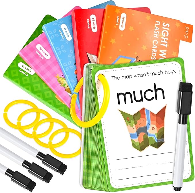 Goldge Sight Words Flash Cards Kindergarten, 220+ High-Frequency Words with Sentences Reading Writing Spelling Practice Cards with Dry Erase Markers, Learning Activities for Preschool Grade 1 2 3