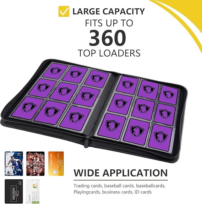 9 Pocket Card Binder,360 Pockets Trading Card Holder Book, Premium PU Cover Zip Folder Binder,Side Loading Carrying Case Binder Album for TCG,MTG,Sports Cards,Game Cards (Purple)