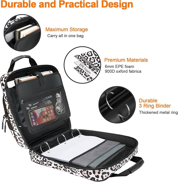 3 Ring Zipper Binder 2 Inch with Shoulder Strap 500 Sheet Capacity & Multi-Pockets for School and Office Binder Organizer, Compatible with 13-Inch MacBook/Tablet (Patent Design Leopard)