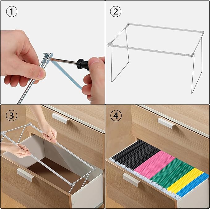 4 Pack Hanging File Folder Frames, Heavy Duty Steel Hanging File Organizer, File Cabinet Rails, Adjustable 11 to 17.4 Inches, Suitable for File Cabinets, Storage File Boxes