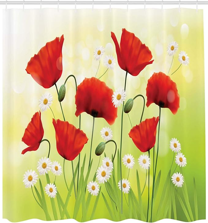 Ambesonne Poppy Flower Shower Curtain, Spring Environment with Poppies and Daisies on Grass Flourishing Nature, Cloth Fabric Bathroom Decor Set with Hooks, 69" W x 70" L, Red Green