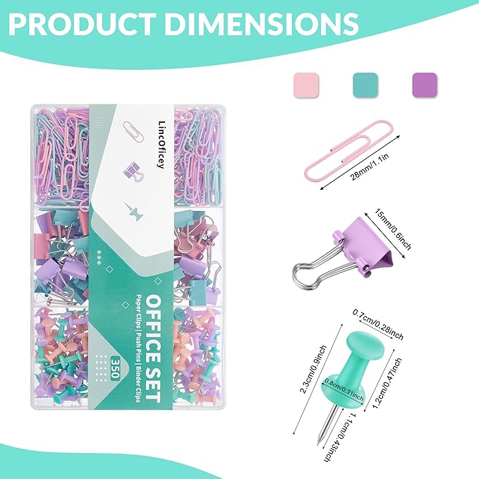 350pcs Paper Clips Binder Clips and Push Pins Set, Small Clips Office Supplies in Compartments Container for Multipurpose Document Organization (Pastel)